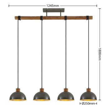 Závesné svietidlo Lindby Durbis, 116 cm, 4 svetlá, sivá, drevo, E27