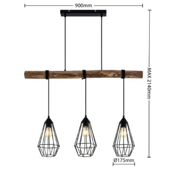 Závesné svietidlo Lindby Eldarion, 90 cm, 3 svetlá, drevo, E27