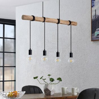 Závesné svietidlo Lindby Ferris, 4 svetlá, 90 cm, drevo, E27