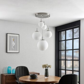 Závesné svietidlo Lindby Heleska, biele, sklo, 5 svetiel, Ø 50 cm