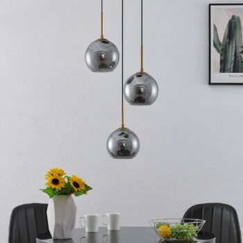Závesné svietidlo Lindby Jurian, 32 cm, 3 svetlá, bronz, dym, sklo