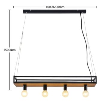 Závesné svietidlo Lindby Kirista, 4 svetlá, čierne, drevo, 100 cm