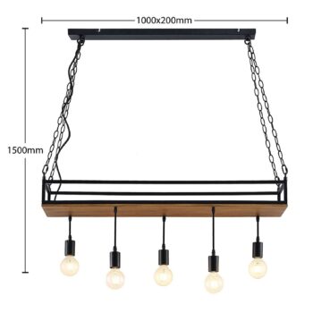 Závesné svietidlo Lindby Kirista, 5 svetiel, čierne, drevo, 100 cm