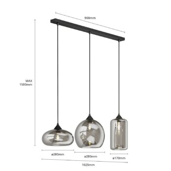Závesné svietidlo Lindby Marla, 3 svetlá, sklo, dymovo sivá, 102 cm