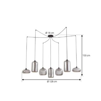 Závesné svietidlo Lindby Marla, 7 svetiel, sklo, dymovo sivá, 128 cm