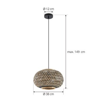 Závesné svietidlo Lindby Nerys, 1 svetlo, čierne, bambus, Ø 38 cm