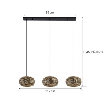 Závesné svietidlo Lindby Nerys, 3-svetelné, čierne, bambus, 1 120 cm