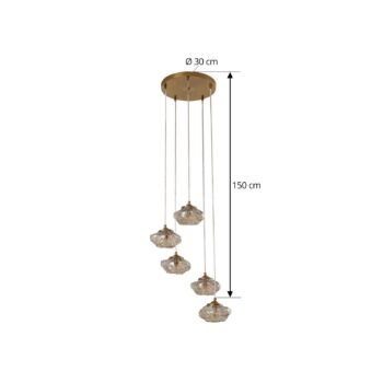 Závesné svietidlo Lindby Piatra, Ø45cm, 5 svetiel, koňaková mosadz, sklo