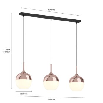 Závesné svietidlo Lindby Rangina, 100 cm, meď, 3 svetlá, sklo