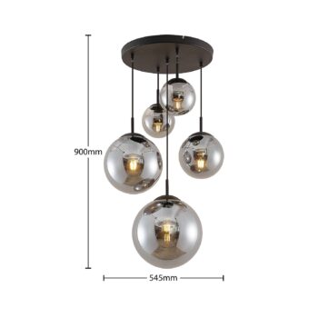 Závesné svietidlo Lindby Teeja, dymové, 5 svetiel, Ø50cm, sklo, E27
