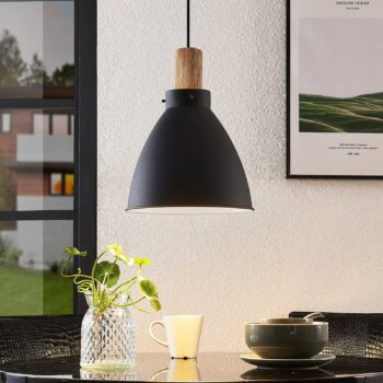 Závesné svietidlo Lindby Trebale, E27, Ø 28 cm, čierna farba, drevo