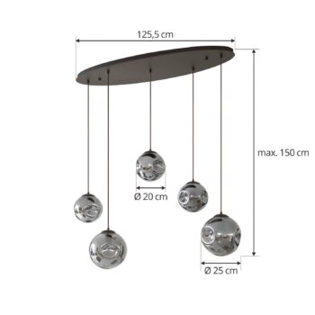 Závesné svietidlo Lindby Valentina, E27, výška 125,5 cm, sivé, sklo