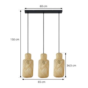 Závesné svietidlo Lindby Venora, podlhovasté, 3 svetlá, 15 cm, bambus