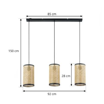 Závesné svietidlo Lindby Yaelle, dĺžka 92 cm, 3 svetlá, ratan, E27
