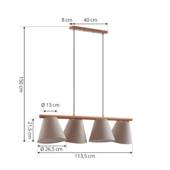 Závesné svietidlo Lucande Jinda, sivá, drevo, látka, 120 cm, E27