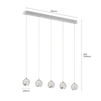 Závesné svietidlo Lucande LED Hayley, 96 cm, 5 svetiel, chróm, sklo