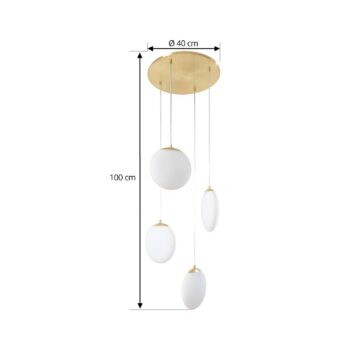 Závesné svietidlo Lucande Lunelle, biela/mosadz, sklo, 4-pl., Ø 40 cm
