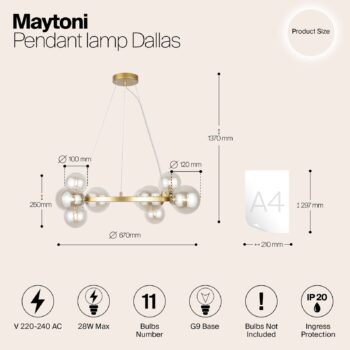 Závesné svietidlo Maytoni Dallas, 11 svetiel, zlatá/jantárová farba