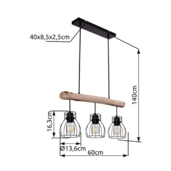 Závesné svietidlo Mina, dĺžka 60 cm, čierna/hnedá farba, 3 svetlá.