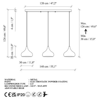 Závesné svietidlo Muba, čierne, dĺžka 120 cm, kov
