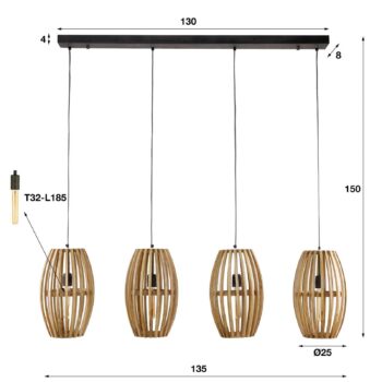 Závesné svietidlo Orbit, prírodné mangové drevo, dĺžka 135 cm 4 svetlá.