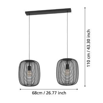 Závesné svietidlo Rinroe, dĺžka 90 cm, čierna farba, 2 svetlá, oceľ