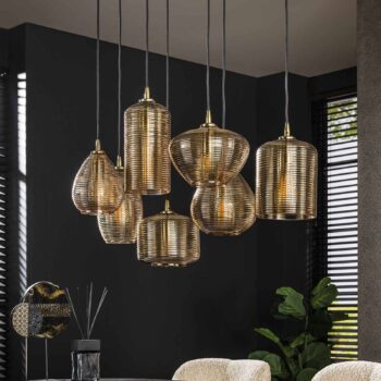 Závesné svietidlo Stripeglass mix, 7 svetiel, sklo, jantár, antracit