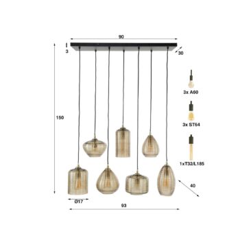 Závesné svietidlo Stripeglass mix, 7 svetiel, sklo, jantár, antracit