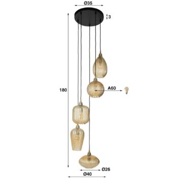 Závesné svietidlo V-Shape, jantárový, Ø 40 cm, sklo, 5 svetiel