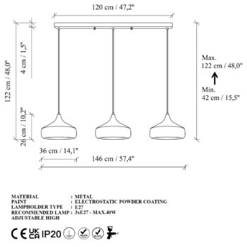 Závesné svietidlo Yildo, dĺžka 146 cm, čierna/meď, 3-pl