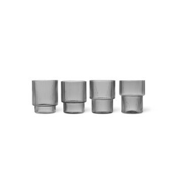 ferm LIVING Sklenička Ripple, sivá, 200 ml, fúkaná do úst, sada 4 ks