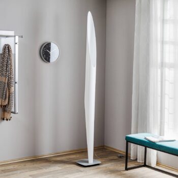 kdln stojaca lampa Shakti, strieborná, biela saténová, výška 200 cm
