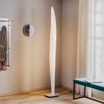 kdln stojaca lampa Shakti, strieborná, biela saténová, výška 200 cm