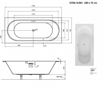 BESCO - Obdĺžniková vaňa VITAE SLIM+ - Farba sifónu - Zlatá, Nožičky k vani - Bez nožičiek, Rozmer vane - 180 × 80 cm VANVIT18SLIMPLZ