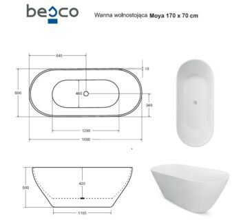BESCO - Voľne stojaca vaňa MOYA biela lesklá - Farba - Biela lesklá, Farba sifónu - Čierna, Rozmer vane - 160 × 68 cm VANMOYA160BC
