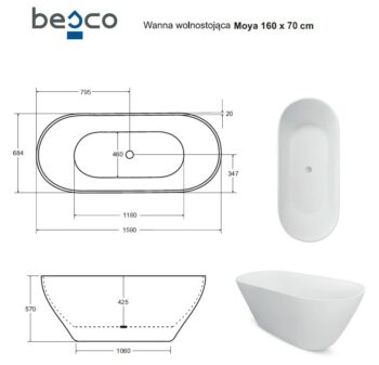 BESCO - Voľne stojaca vaňa MOYA biela matná - Farba - Biela matná, Farba sifónu - Zlatá, Rozmer vane - 160 × 68 cm VANMOYA160ZCM