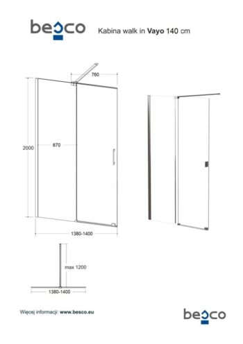 BESCO - Walk-in sprchovací kút VAYO - FARBA rámu - Chróm / Leštený hliník (ALU), Rozmer A - 140, Rozmer C - 200, Smer zatvárania - Univerzálne Ľavé / Pravé, Výplň - Číre bezpečnostné sklo - 8 mm BCVAYO140CC