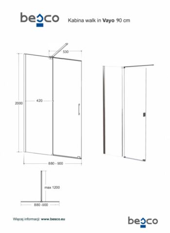 BESCO - Walk-in sprchovací kút VAYO - FARBA rámu - Chróm / Leštený hliník (ALU), Rozmer A - 90, Rozmer C - 200, Smer zatvárania - Univerzálne Ľavé / Pravé, Výplň - Číre bezpečnostné sklo - 8 mm BCVAYO90CC