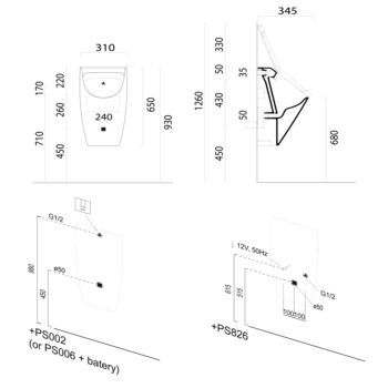 GSI - COUNITY urinál so zakrytým prívodom vody s otvormi pre veko 31x65cm, čierna mat 909826
