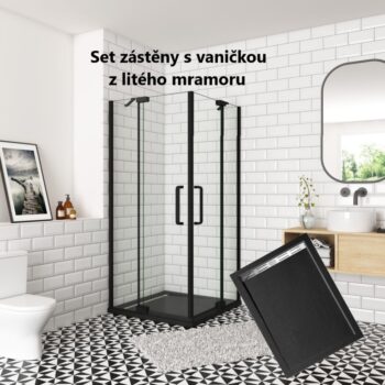 H K - Sprchovací kút AIRLINE BLACK R908, 90x80, s dvoma jednokrídlovými dverami s pevnou stenou, rohový vstup vrátane sprchovej vaničky z liateho mramoru SE-AIRLINEBLACKR908/BLACKSTAR9080SET
