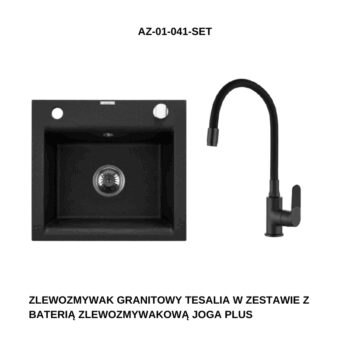 INVENA INVENA - Granitový drez TESALIA, čierny s automatickým sifónom, chróm + batéria JOGA PLUS AZ-01-041-SET