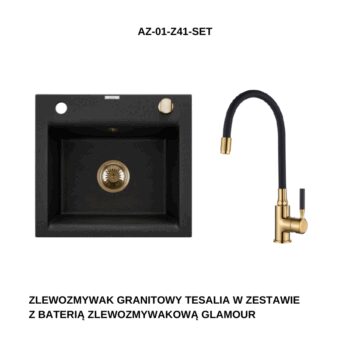 INVENA INVENA - Granitový drez TESALIA, čierny s automatickým sifónom, zlatý + batéria GLAMOUR AZ-01-Z41-SET