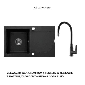 INVENA INVENA - Granitový drez TESALIA dlhý odkvap, čierny s automatickým sifónom, chróm + batéria JOGA PLUS AZ-01-043-SET
