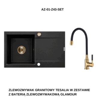 INVENA INVENA - Granitový drez TESALIA dlhý odkvap, čierny s automatickým sifónom, zlatý + batéria GLAMOUR AZ-01-Z43-SET