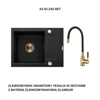 INVENA INVENA - Granitový drez TESALIA krátky odkvap, čierny s automatickým sifónom, zlatý + batéria GLAMOUR AZ-01-Z42-SET
