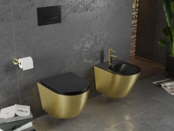 MEXEN - Lena Závesná WC misa vrátane sedátka s slow-slim, duroplast, čierna mat / zlatý vzor 30224077