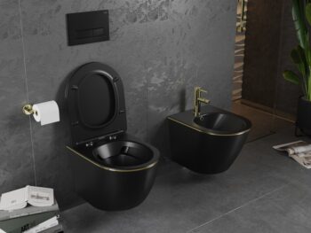 MEXEN - Lena Závesná WC misa vrátane sedátka s slow-slim, duroplast, čierna mat/zlatá linka 30224075