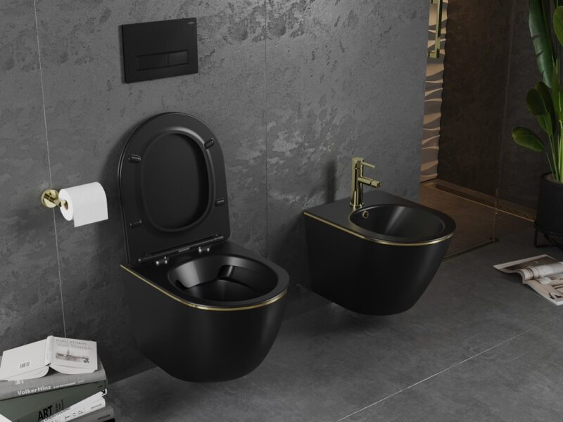 MEXEN - Lena Závesná WC misa vrátane sedátka s slow-slim, duroplast, čierna mat/zlatá linka 30224075 MEXEN - Lena Závesná WC misa vrátane sedátka s slow-slim, duroplast, čierna mat/zlatá linka 30224075