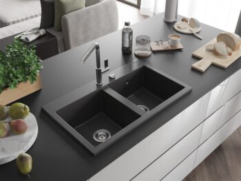 MEXEN MEXEN - Hektor granitový drez 2-bowl 800 x 480 mm, čierna kropenatá, sifón chróm 6521802000-76