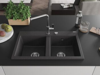 MEXEN MEXEN - Hektor granitový drez 2-bowl 800 x 480 mm, čierna kropenatá, sifón chróm 6521802000-76